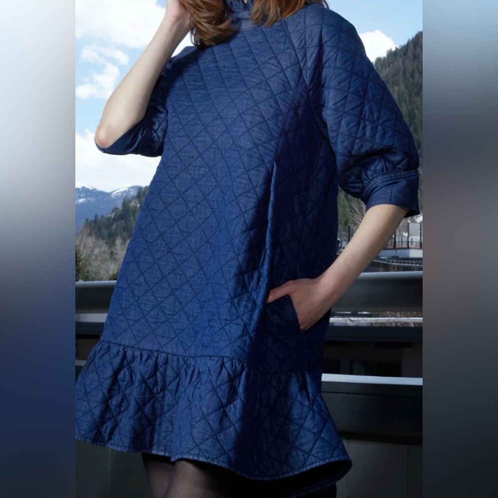 Quilted Denim Navy Blue Ruffle-Hi Lo Hem Dress